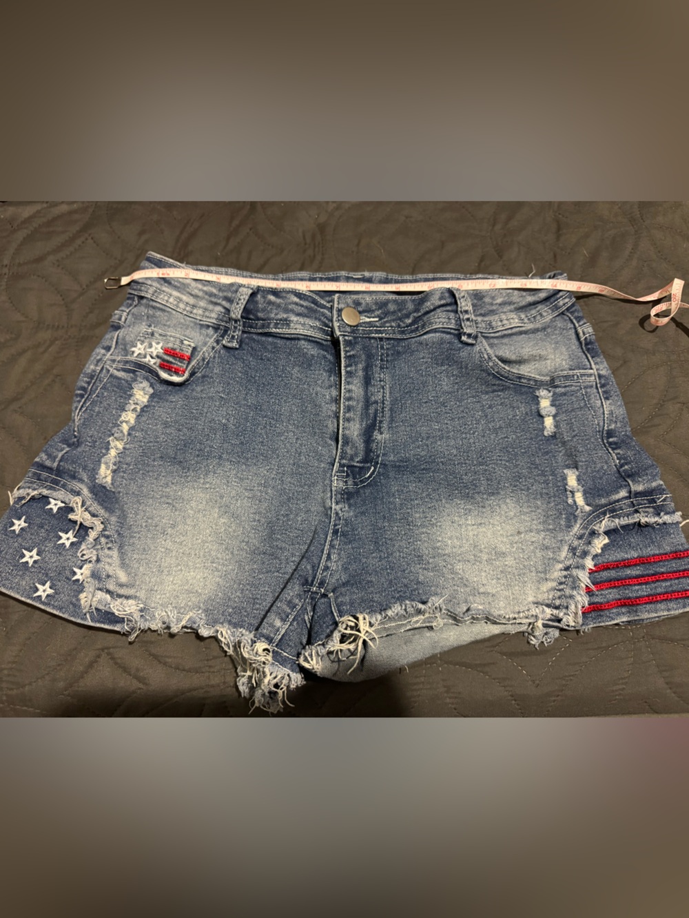 Denim Distressed Women's Shorts with Star & Stripe Accent - Blue